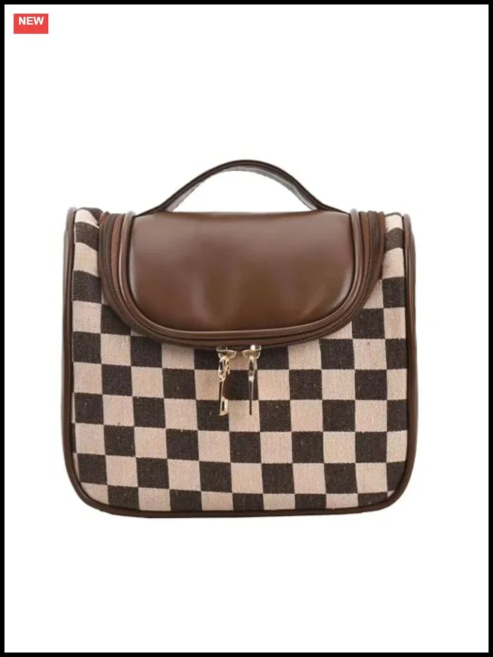 Vintage Checkered Cosmetic Bag Large Capacity PU Leather Makeup Pouch